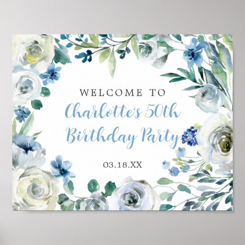 Elegant Blue White Floral Birthday Party Welcome Poster
