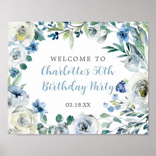 Elegant Blue White Floral Birthday Party Welcome Poster (Front)