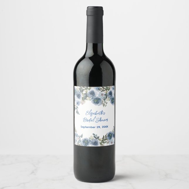 Elegant Blue White Floral Bridal Shower  Wine Label (Front)