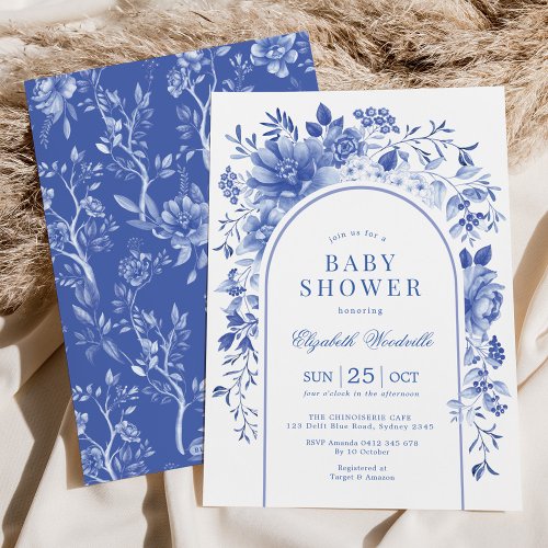 Elegant Blue White Floral Chinoiserie Baby Shower Invitation