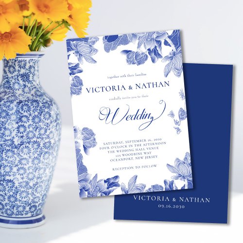 Elegant Blue White Floral Chinoiserie Wedding  Invitation