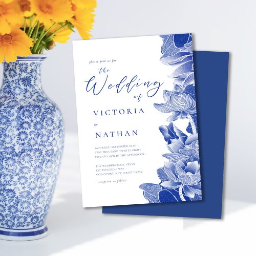 Elegant Blue  White Floral Chinoiserie Wedding  Invitation