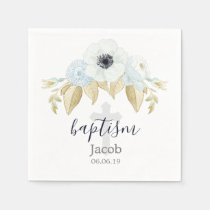 Elegant Blue & White Floral Cross Baby Baptism Napkins