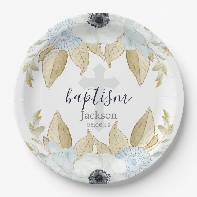 Elegant Blue & White Floral Cross Baby Baptism Paper Plates (Front)