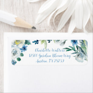 Elegant Blue White Floral Cursive Return Address Label