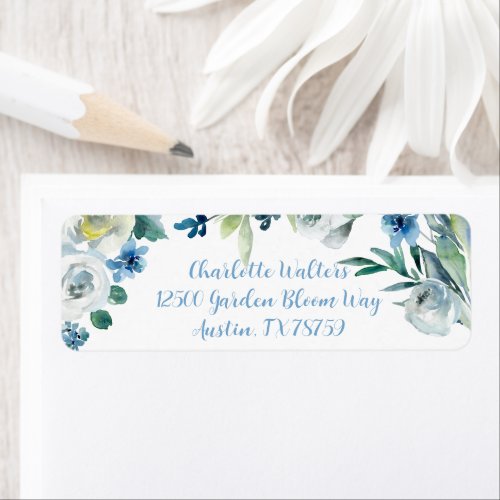 Elegant Blue White Floral Cursive Return Address Label