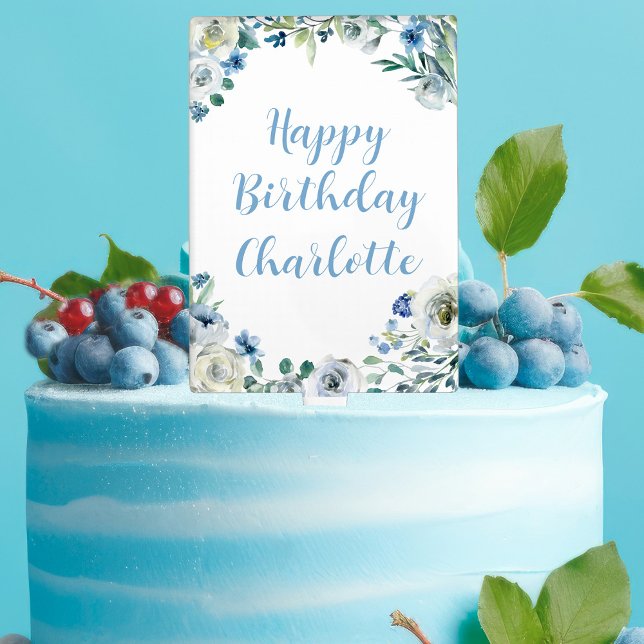 Elegant Blue White Floral Custom Birthday Party Cake Topper (Creator Uploaded)