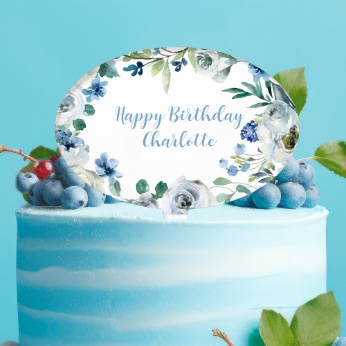 Elegant Blue White Floral Custom Birthday Party Cake Topper