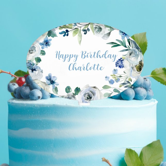 Elegant Blue White Floral Custom Birthday Party Cake Topper (Creator Uploaded)