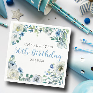 Elegant Blue White Floral Custom Birthday Party Napkins