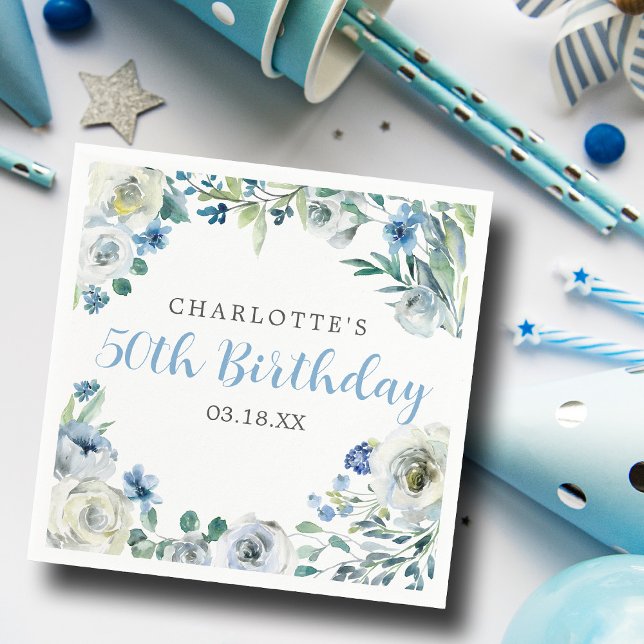 Elegant Blue White Floral Custom Birthday Party Napkins (Creator Uploaded)
