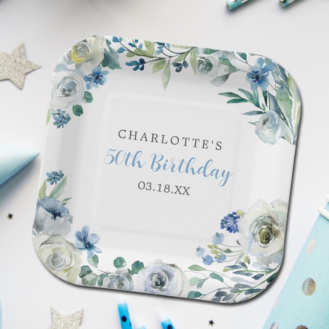 Elegant Blue White Floral Custom Birthday Party Paper Plates (Creator Uploaded)