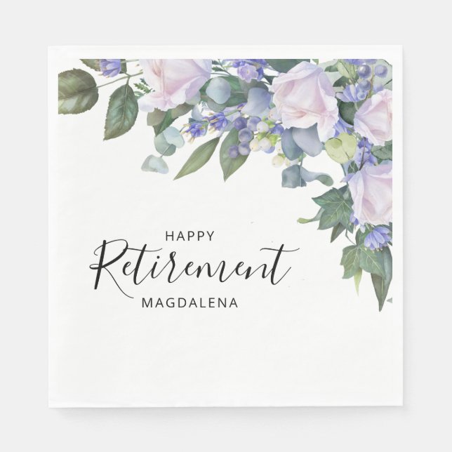 Elegant Blue White Floral Custom Retirement Party  Napkins (Front)