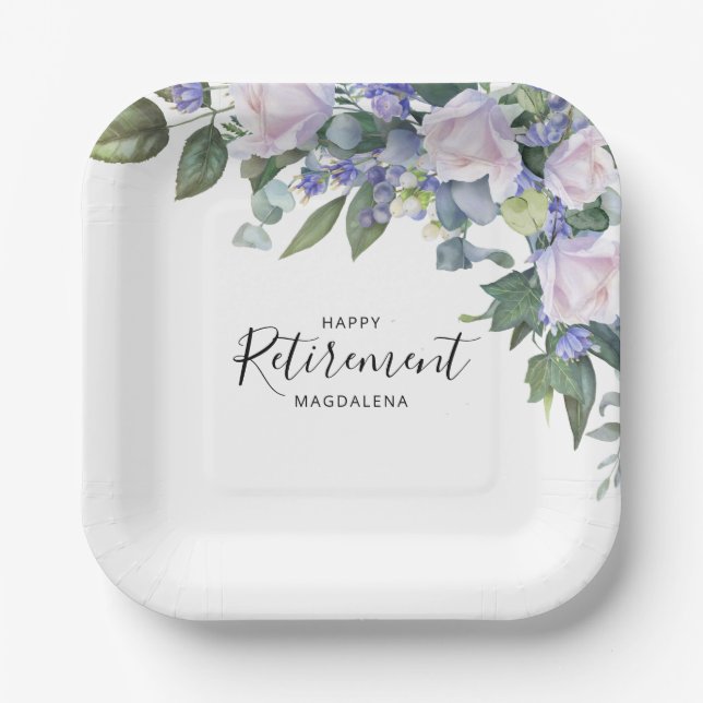 Elegant Blue White Floral Custom Retirement Party  Paper Plates (Front)