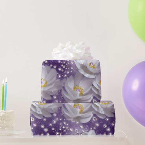 Elegant Blue  White Floral Golden Beaded Wrapping Paper