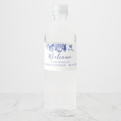 Elegant Blue White Floral Lotus Welcome Wedding  Water Bottle Label