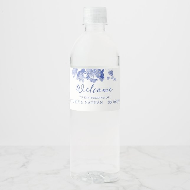 Elegant Blue White Floral Lotus Welcome Wedding  Water Bottle Label (Front)