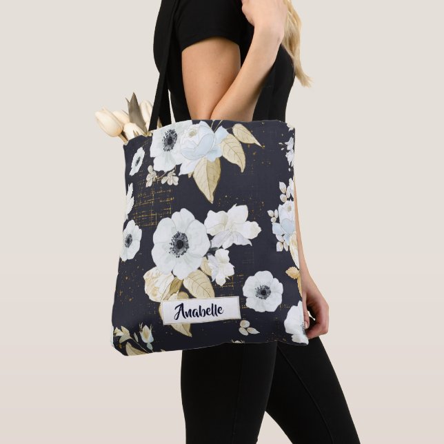 Elegant Blue & White Floral Pattern Monogram Tote Bag (Close Up)