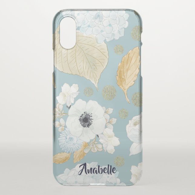 Elegant Blue & White Floral Pattern Monogram Uncommon iPhone Case (Back)