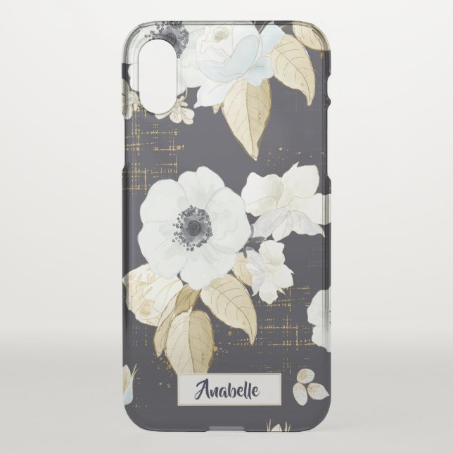 Elegant Blue & White Floral Pattern Monogram Uncommon iPhone Case (Back)
