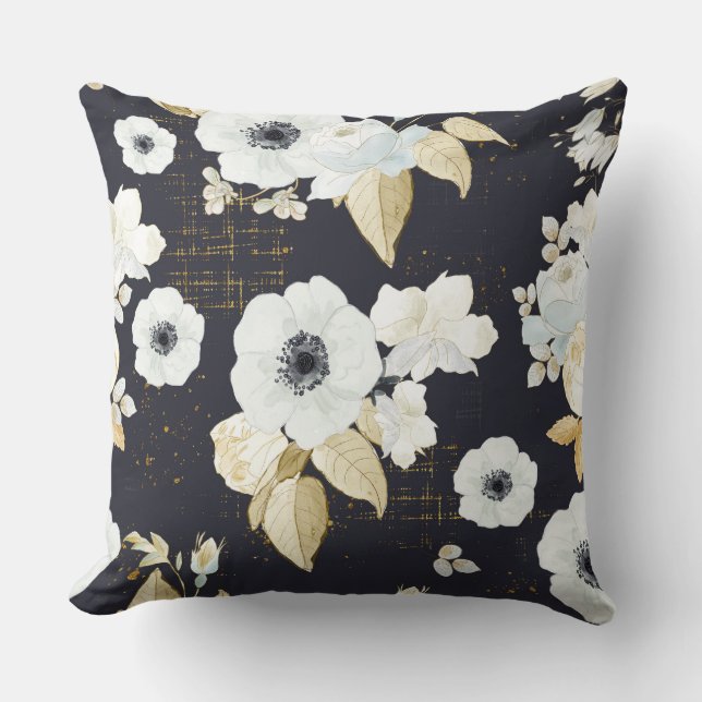 Elegant Blue & White Floral Pattern Throw Pillow (Front)