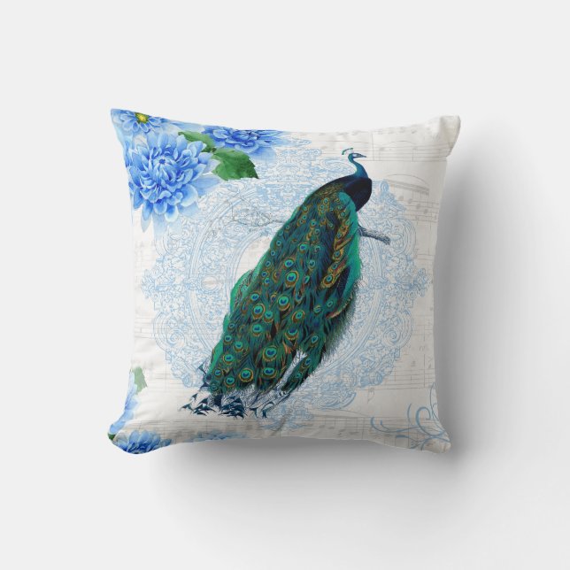Elegant Blue & White Floral Peacock Throw Pillow (Front)