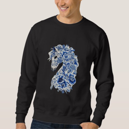 Elegant Blue & White Floral Porcelain HorseT-Shirt Sweatshirt