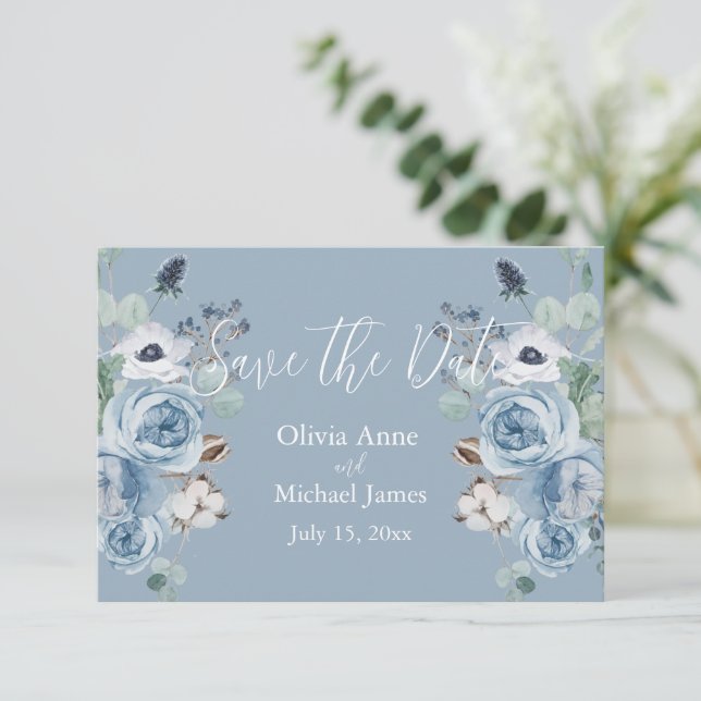 Elegant Blue & White Floral Script Save The Date (Standing Front)