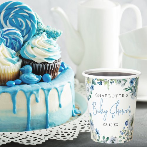 Elegant Blue White Floral Spring Boy Baby Shower Paper Cups
