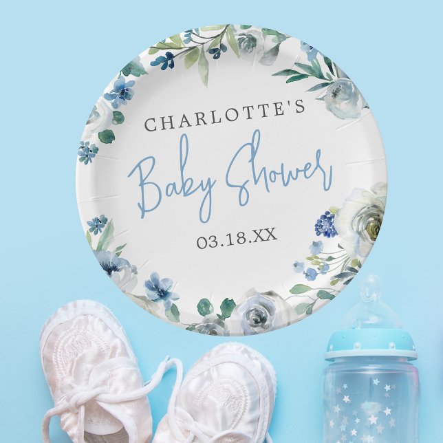 Elegant Blue White Floral Spring Boy Baby Shower Paper Plates (Creator Uploaded)