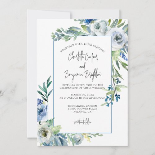 Elegant Blue White Floral Spring Garden Wedding Invitation