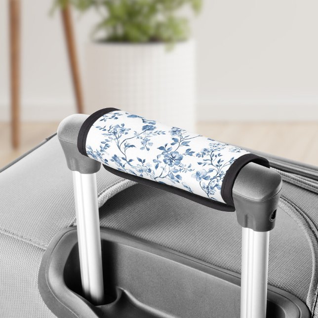 Elegant Blue White Floral Toile Botanical Pattern Luggage Handle Wrap (Elegant floral blue and white toile design - elevate your luggage with a comfort touch!)