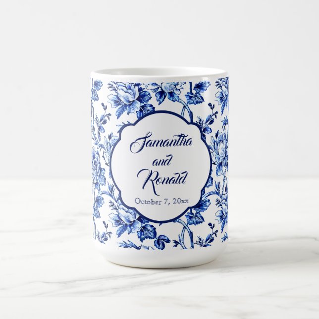 Elegant Blue White Floral Toile Wedding Coffee Mug (Center)