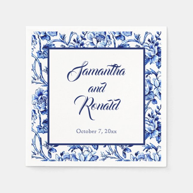 Elegant Blue White Floral Toile Wedding Napkins (Front)
