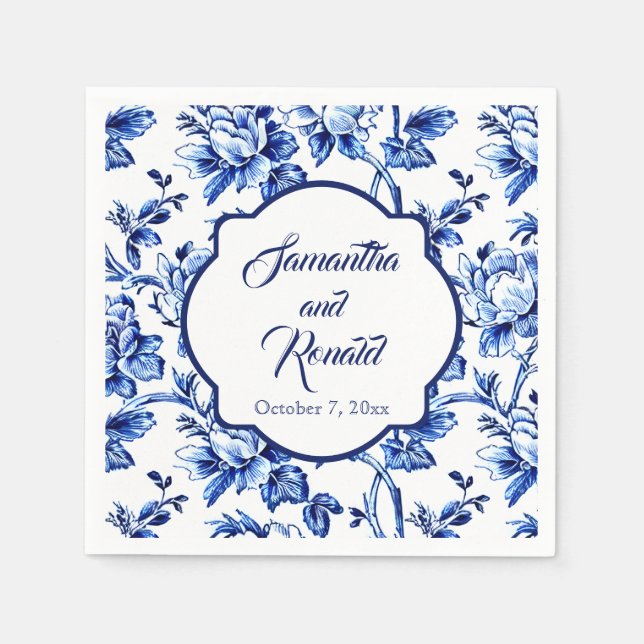 Elegant Blue White Floral Toile Wedding Napkins (Front)
