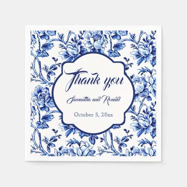 Elegant Blue White Floral Toile Wedding Napkins (Front)
