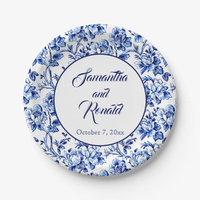Elegant Blue White Floral Toile Wedding Paper Plates (Front)