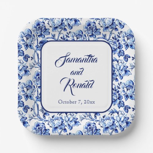 Elegant Blue White Floral Toile Wedding Paper Plates