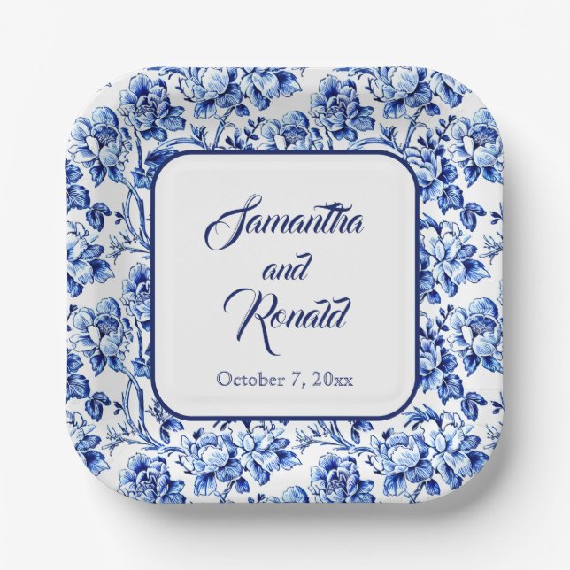 Elegant Blue White Floral Toile Wedding Paper Plates (Front)