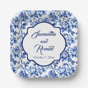 Elegant Blue White Floral Toile Wedding Paper Plates
