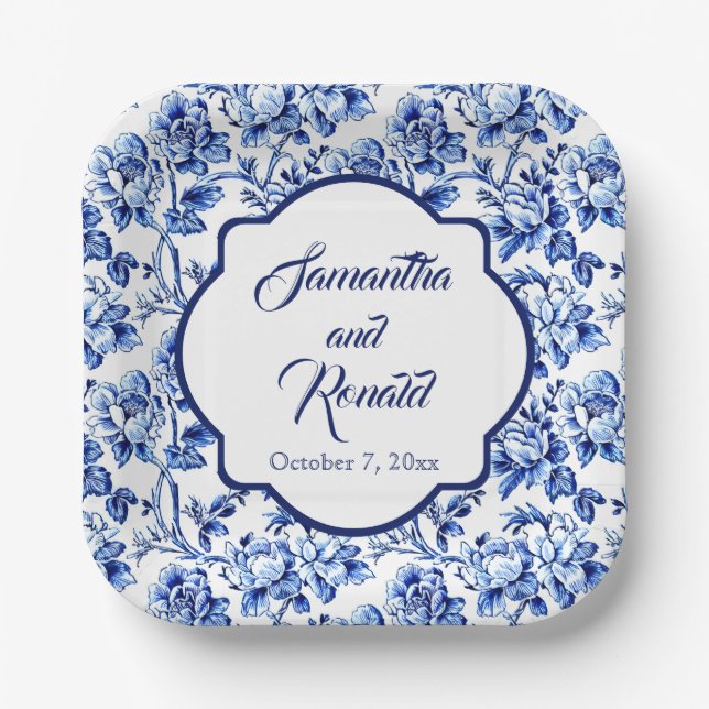 Elegant Blue White Floral Toile Wedding Paper Plates (Front)
