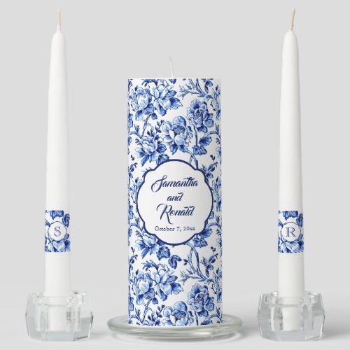 Elegant Blue White Floral Toile Wedding Unity Candle Set