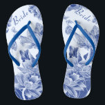 Elegant Blue White Floral Wedding Bride Flip Flops<br><div class="desc">The design features a delightful array of lotus flowers and butterflies, rendered in a blue and white color scheme that evokes the elegant beauty of chinoiserie chic, reminiscent of the classic blue willow pattern, with a modern style text layout. These beautiful flip flops are a pretty something blue idea for...</div>