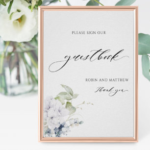 Elegant Blue White Floral Wedding Guestbook Sign
