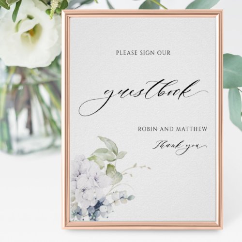 Elegant Blue  White Floral Wedding Guestbook Sign