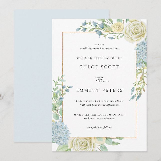 Elegant Blue White Floral Wedding Invitation (Front/Back)