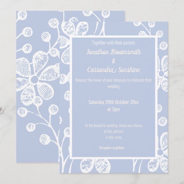ELEGANT BLUE WHITE FLORAL WEDDING INVITATION (Front/Back)