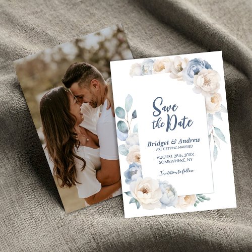 Elegant Blue White Floral Wedding Save The Date