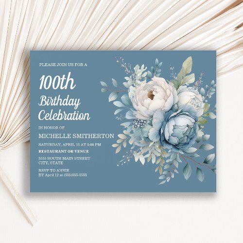 Elegant Blue White Floral Womens 100th Birthday Invitation Postcard