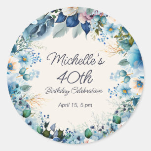 Elegant Blue White Floral Women's 40th Birthday Classic Round Sticker